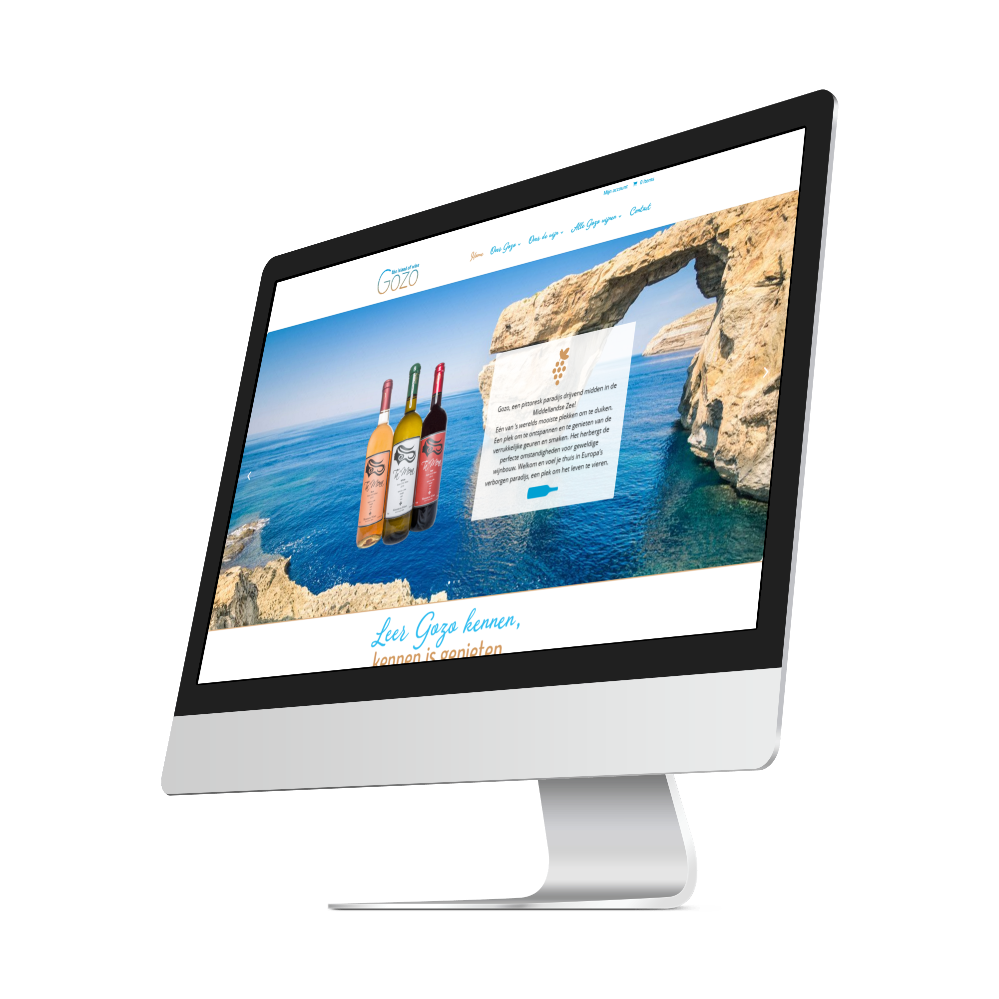 iMac mockup displaying a website design for Gozo wine brand
